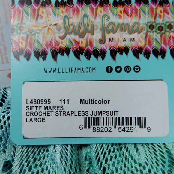LULI FAMA SIETE MARES Crochet Strapless Jumpsuit Cover Up Size L Blue Multi NEW - Picture 10 of 11